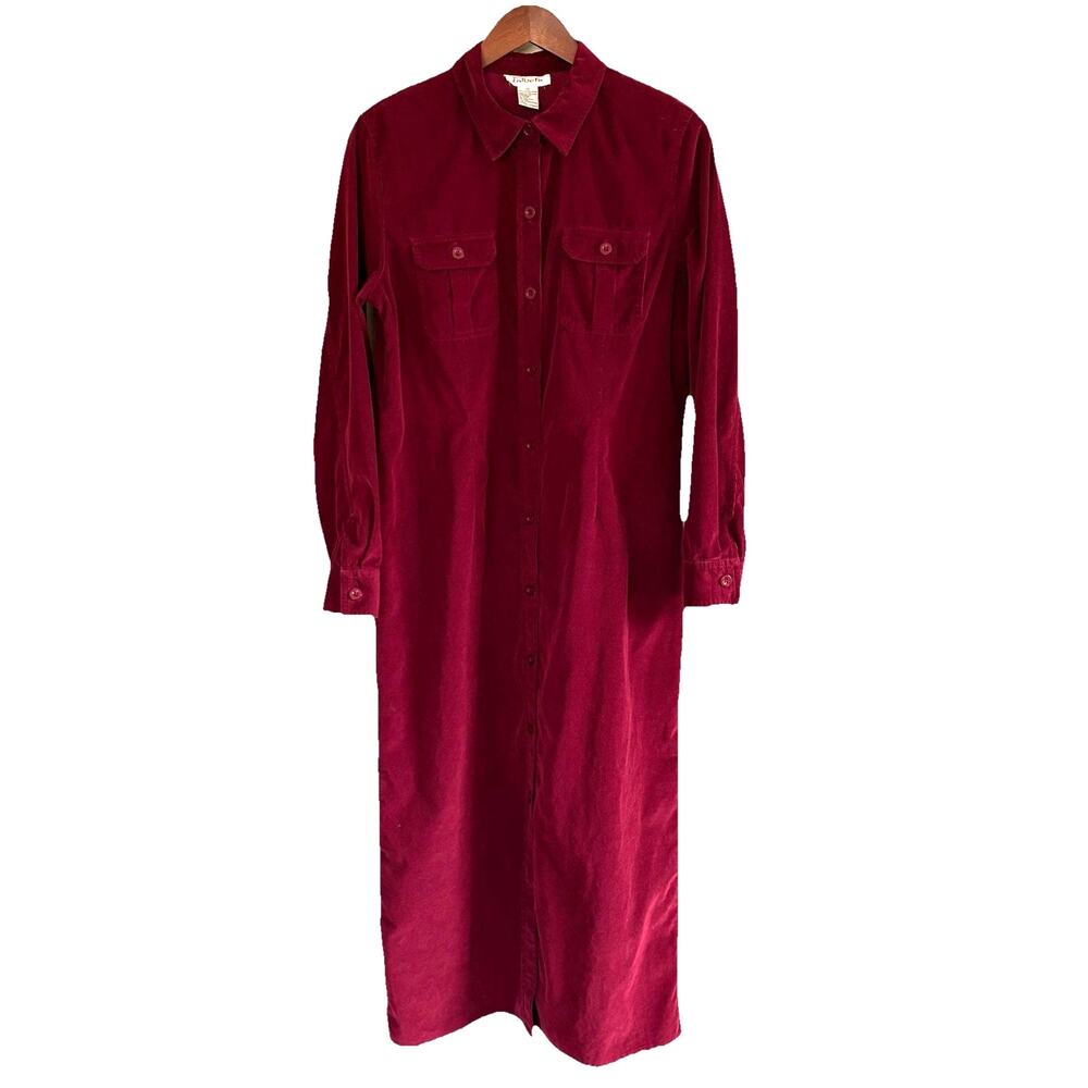 Talbots Vintage 90s Maroon Corduroy Maxi Shirt Dress Long Sleeve Size 12 Prarie